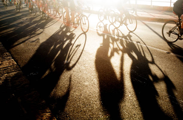 Shadows of bicycle rides on the road at dawn