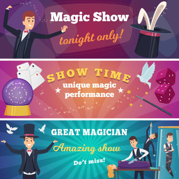 banery z imprezy cyrkowe. magiczny pokaz z postaciami czarodzieja cyrkowe sztuczki wektorowe kreskówki tło - tonight stock illustrations