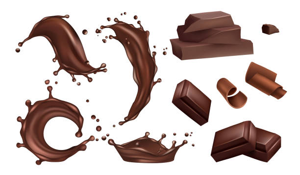 realistische schokolade spritzer, flows und bars vektor isoliert auf weißem hintergrund - schokolade stock-grafiken, -clipart, -cartoons und -symbole