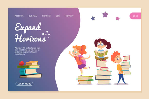 Expand horizons vector concept. Reading landing page template. Cartoon kids read books Expand horizons vector concept. Reading landing page template. Cartoon kids read books and education new knowledge, girl and boy learning illustration book backgrounds stock illustrations