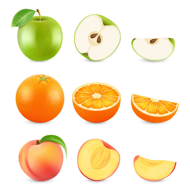 Realistic cut fruits isolated on white background. Vector apple, orange and peach Realistic cut fruits isolated on white background. Vector apple, orange and peach. Illustration of apple and orange, dessert fresh organic green apple slices stock illustrations