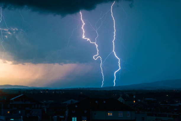 istock Storm and lightning over city during day 1160767412