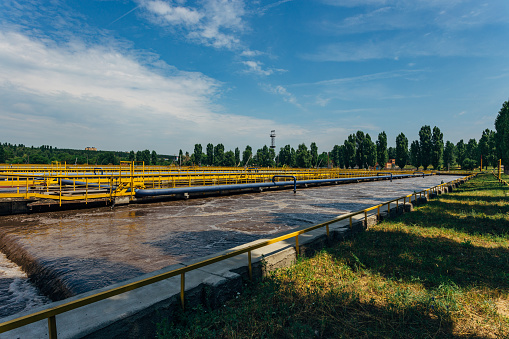 Modern wastewater treatment plant. Tanks for aeration and biological purification of sewage by using active sludge