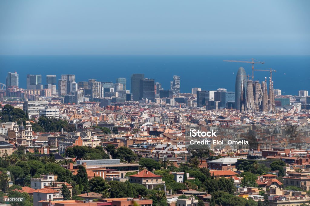 Aerial view of Sagrada familia, torre agbar and poble nou, Barcelona. Spain Aerial View Stock Photo
