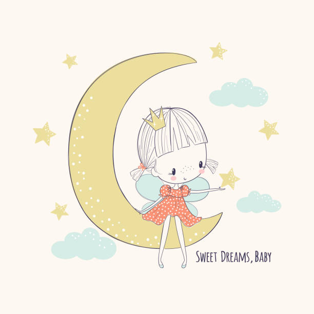 ilustrações, clipart, desenhos animados e ícones de fairy pequeno bonito na lua. ilustração girlish do vetor - fairy cartoon baby girls little girls