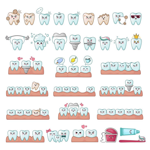 kawaii dental care Set of kawaii teeth, dentistry tools, implants, with different emodji, cute cartoon characters - treatment and oral dental hygiene, dental care concept. Vector flat illustration cute cartoon dental implants stock illustrations