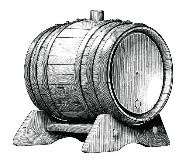 橡木桶手繪黑白剪貼畫的古董雕刻插圖隔離在白色背景上,酒精發酵橡木桶 - 蘭姆酒 幅插畫檔、美工圖案、卡通及圖標