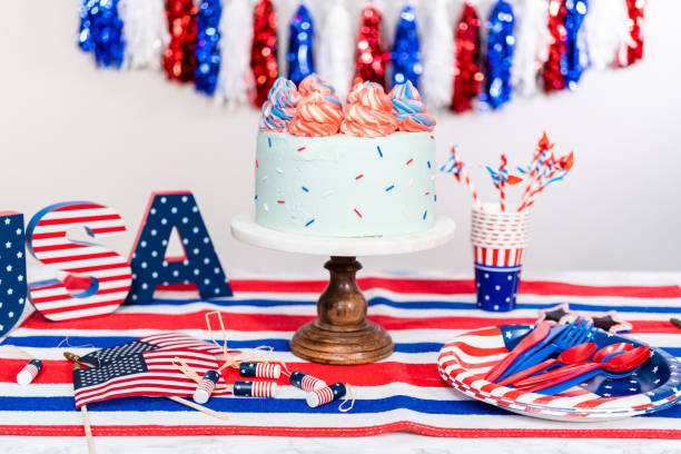 istock Red, white, and blue round vanilla cake 1160775250