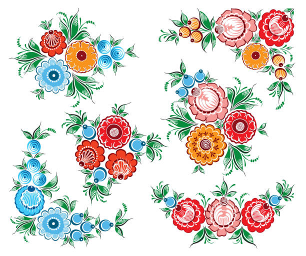당신의 디자��인을 위한 고립된 백색 배경에 손으로 그린 꽃 러시아어 전통적인 벡터 민족 장식 gorodets의 세트 - gorodets stock illustrations