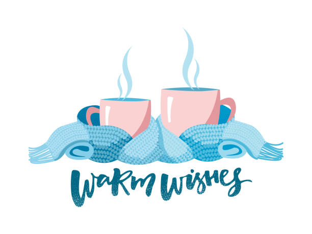 ilustrações de stock, clip art, desenhos animados e ícones de two mugs in scarf. cozy composition of 2 cups with lettering warm wishes. mugs, wrapped in a knitted warm scarf. warming atmosphere for hanging out. flat cartoon style illustration on white background - coffee at home