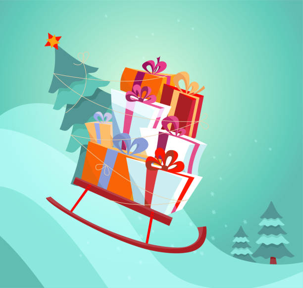 istock Sledge with gifts rushing down the snow slide. A stack of gift boxes and a Christmas tree tied to a sled sled with a rope. Festive bright flat vector illustration in cartoon style. 1160776809