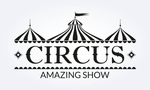 logo cyrku, odznaka lub etykieta z namiotem cyrkowym. karnawałowy plakat lub transparent. element projektu pokazu rozrywki z namiotem imprezowym vintage. ilustracja wektorowa. - circus circus tent carnival tent stock illustrations