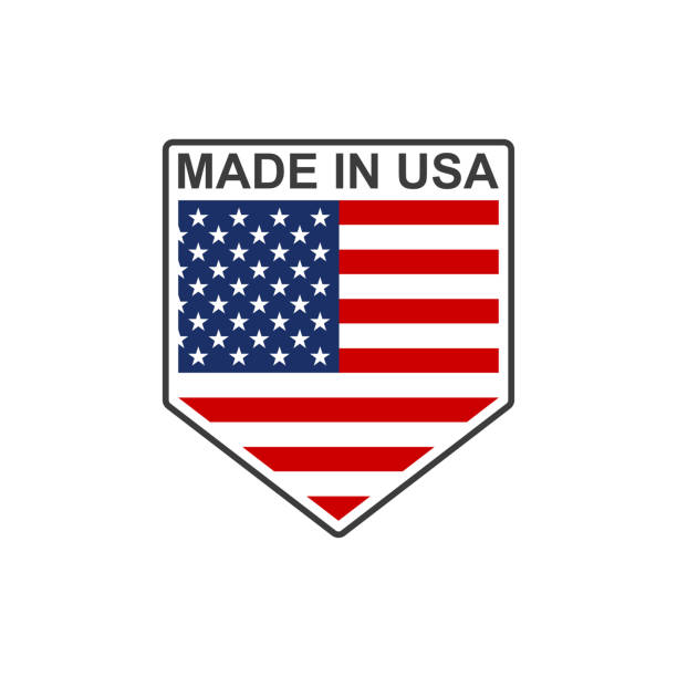 made in usa abzeichen oder logo in form eines schildes mit amerikanischer flagge. vektor-illustration. - usa made in the usa industry striped stock-grafiken, -clipart, -cartoons und -symbole