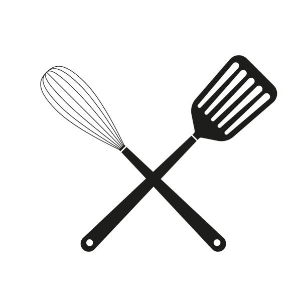 Crossed Spatula with Whisk. Kitchen tools and Cooking utensils icon. Vector illustration. Crossed Spatula with Whisk. Kitchen tools and Cooking utensils icon. Vector illustration. egg beater stock illustrations