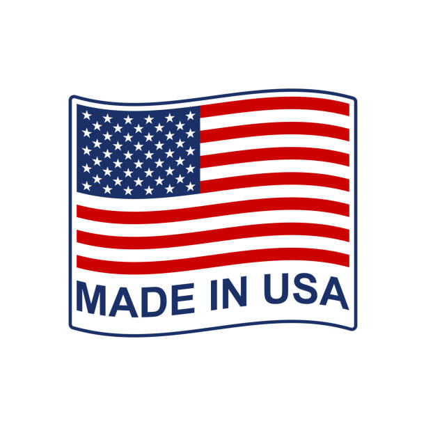 illustrazioni stock, clip art, cartoni animati e icone di tendenza di badge o logo made in usa con bandiera americana sventolante. illustrazione vettoriale. - made in the usa sign retro revival label