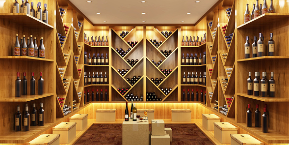 Bottles with wine in a modern wine vault