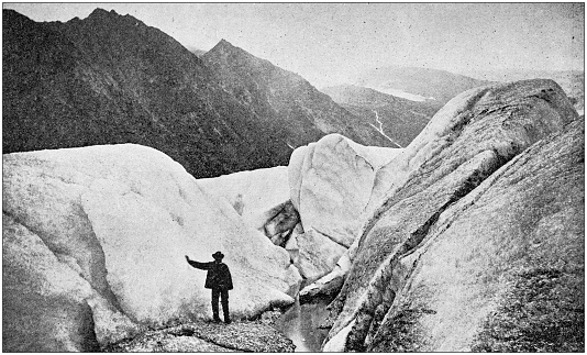 Antique black and white photo of travel around the World: Svaristen Glacier, Norway