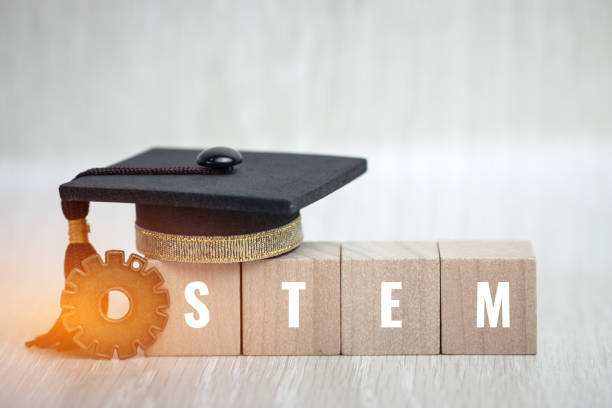 istock Ideas for STEM Education about science, technology, engineering, mathematics word on sign wood Graduation cap with wooden blocks tower and blur global, Copy space for text on background 1160779254