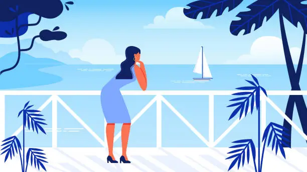 Vector illustration of Woman Stands on Waterfront Looks Sea and Sailboat.