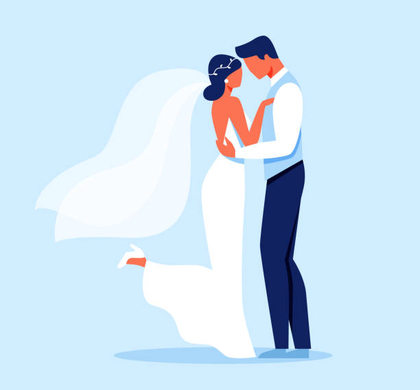 illustrazioni stock, clip art, cartoni animati e icone di tendenza di personaggi sposa e sposo abbraccio, giorno del matrimonio - newlywed