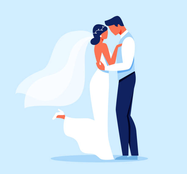 Bride and Groom Characters Hugging, Wedding Day Bride and Groom Characters Hugging, Young Lady in White Wedding Dress Standing Together with Man in Festive Classic Suit Isolated on Blue Background, Wedding Ceremony Cartoon Flat Vector Illustration. marriage stock illustrations
