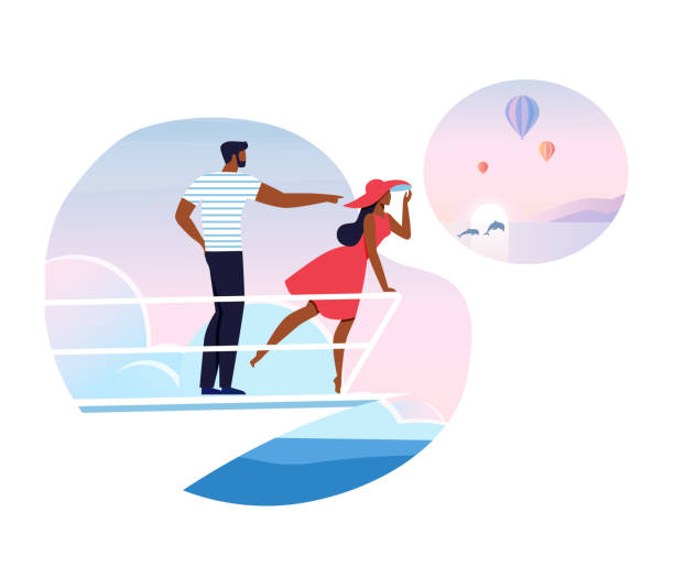 Romantic Vacation, Cruise Flat Vector Illustration Romantic Vacation, Cruise Flat Vector Illustration. Young Husband and Wife Cartoon Characters. Happy African American Couple, Tourists Standing at Ship Prow. Sea Tourism, Summer Holidays Journey hot male drawing stock illustrations