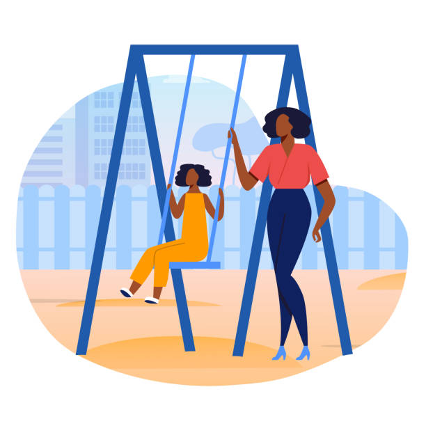 어머니, 와,와,와,와,, 딸, 본딩 벡터 일러스트 - child swinging playground african descent stock illustrations