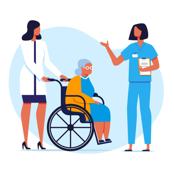 Nursing Home, Hospital Flat Vector Illustration Nursing Home, Hospital Flat Vector Illustration. Doctor, Nurse and Old Lady in Wheelchair Cartoon Characters. Elderly People, Invalids Care, Disabled Help. Medical Staff, Physician and Intern nurse clipart stock illustrations