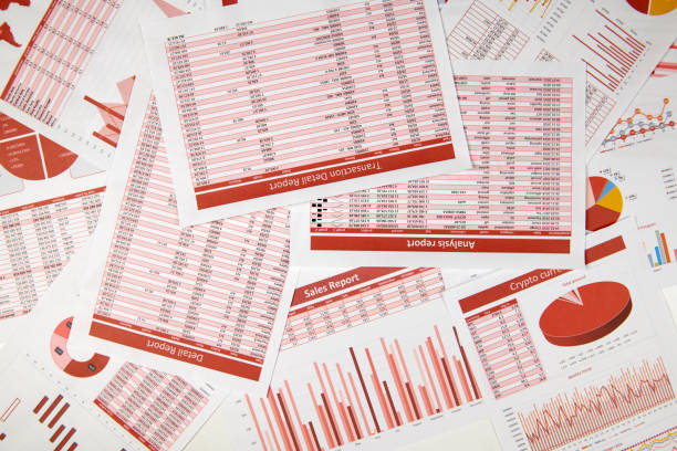 istock Flat top view of business workspace - reports with data, tables and analytic chart. Business financial accounting concept. 1160780300