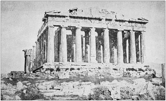 Antique black and white photo of travel around the World: The Parthenon, Athens