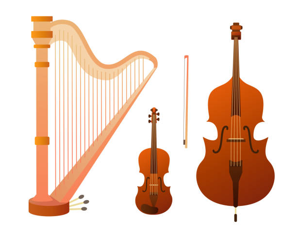 ilustrações de stock, clip art, desenhos animados e ícones de set of stringed musical instruments. collection of balalaika, harp, double bass, violin, guitar. design layout for banners presentations, flyers, posters and invitations. vector illustration - bass drum