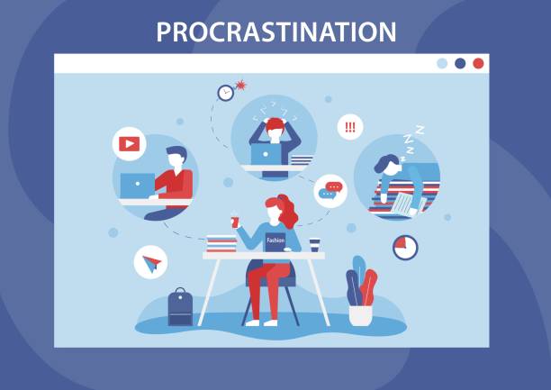 Procrastination Human Weakness Cartoon Flat Banner Procrastination Human Weakness Cartoon Flat Banner. Lazy, Bored, Professional Burnout Men and Women Characters Doing Distracting Things, Sleeping, Waist Time Instead Working. Vector Illustration wasting time stock illustrations