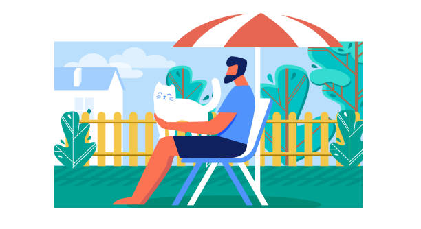 Man Spending Free Time Outdoors on Deckchair. Spending Free Time Outdoors Cartoon Flat Vector Illustration. Man Sitting on Deckchair under Umbrella in Garden or Park. Male Character Holding Cute White Cat. Having Rest on Fresh Air. person sitting on fence stock illustrations
