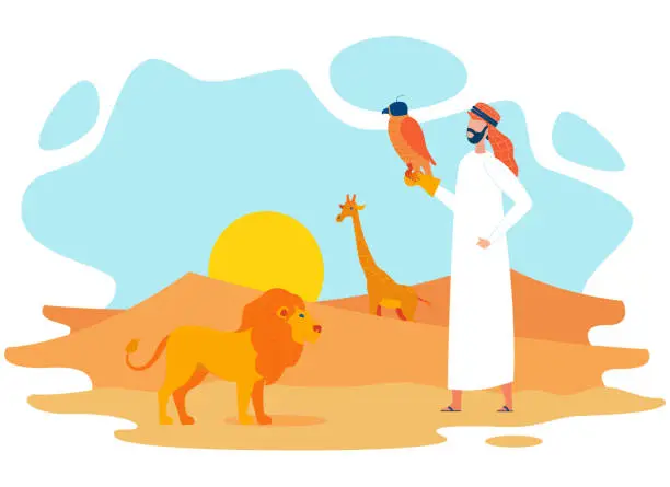 Vector illustration of Bedouin with Hawk in Desert Flat Vector Character