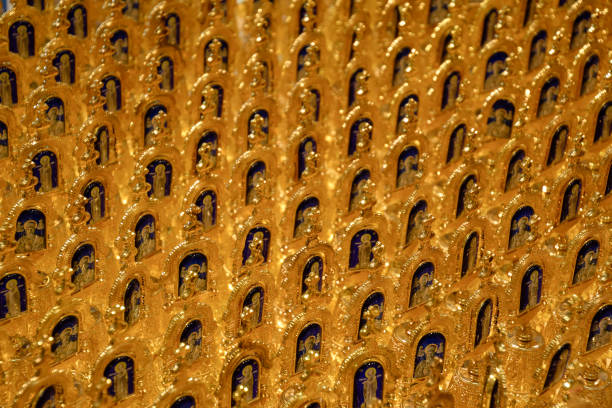 a background of orthodox souvenirs, mini icons.