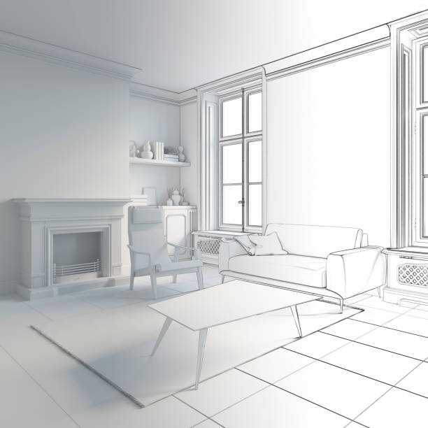 Sketch of cozy living room interior with fireplace  goes into  white computer stuff