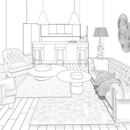 3d illustration. Sketch of living room with kitchen.