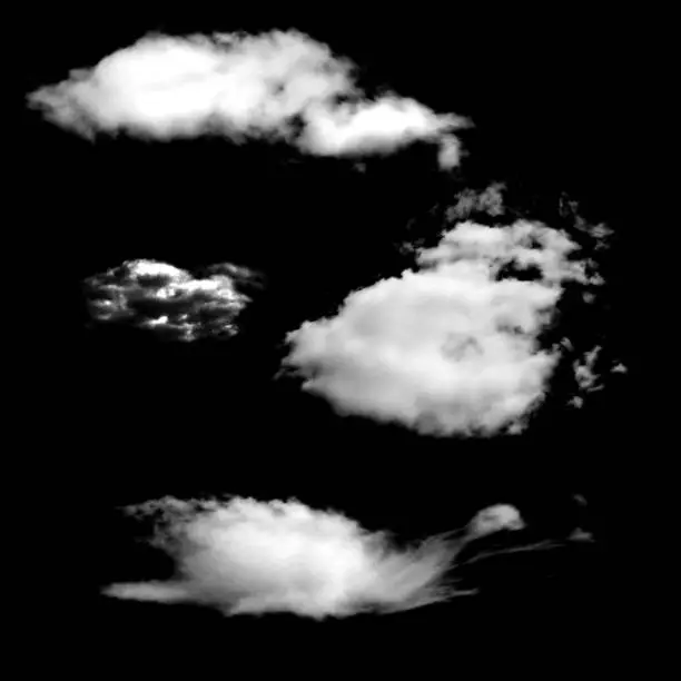 Vector illustration of Set of isolated clouds on a black background.