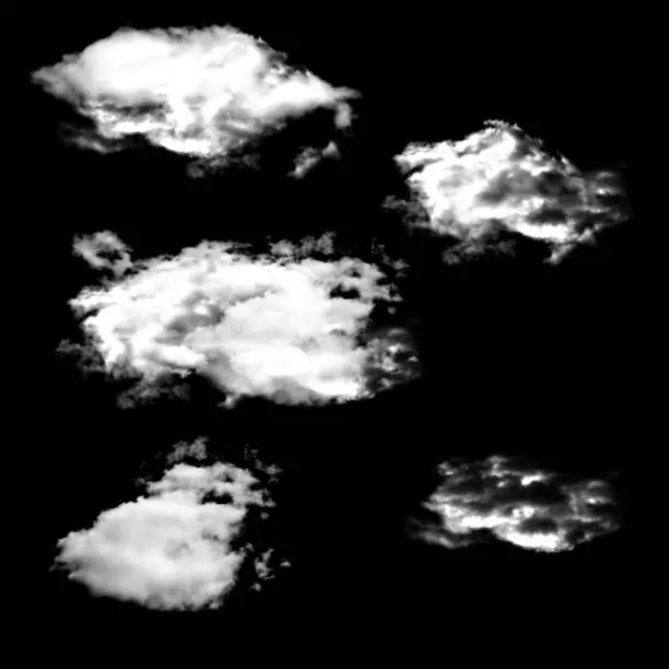 Vector illustration of Set of isolated clouds on a black background.