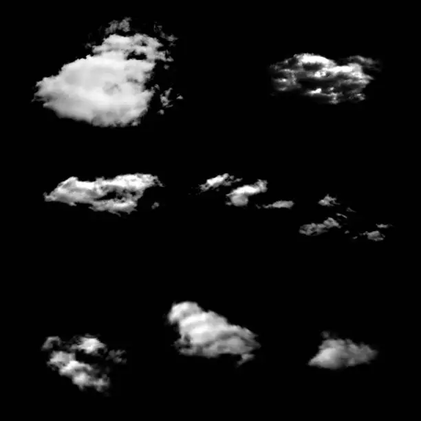 Vector illustration of Set of isolated clouds on a black background.