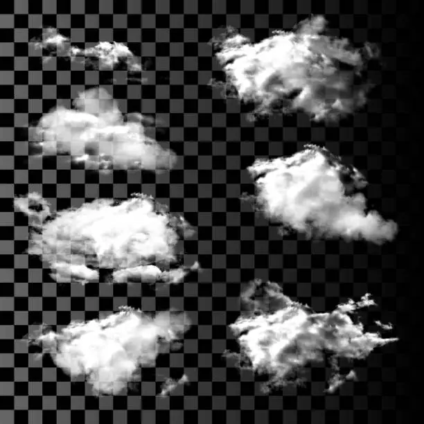 Vector illustration of Set of Realistic and Transparent, isolated clouds