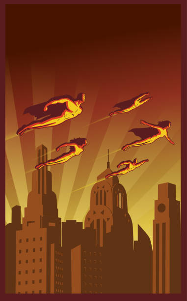 wektor retro plakat flying superhero team nad miastem - superhero comic book cityscape flying stock illustrations