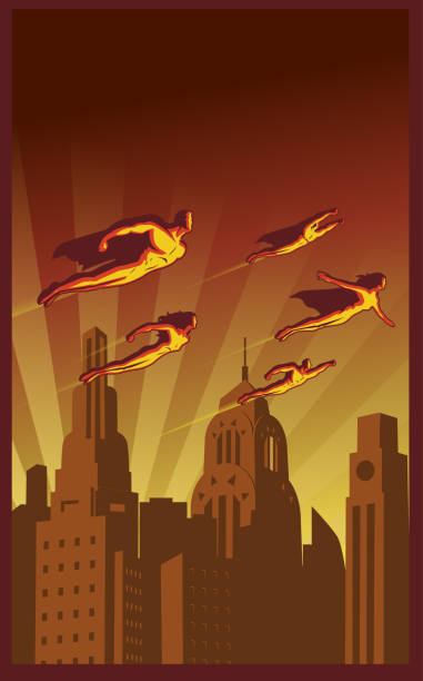 ilustrações, clipart, desenhos animados e ícones de poster retro do vetor da equipe do super-herói do vôo acima da cidade - men retro revival 1950s style comic book