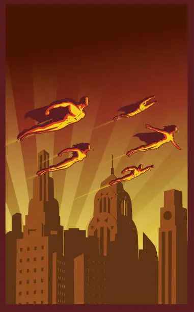 Vector illustration of Vector Retro Poster of Flying Superhero Team above the City