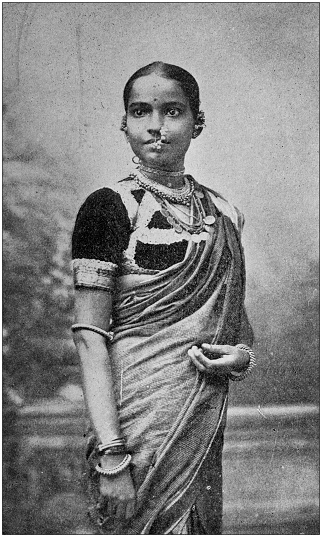 Antique black and white photo of travel around the World: Indian people portraits