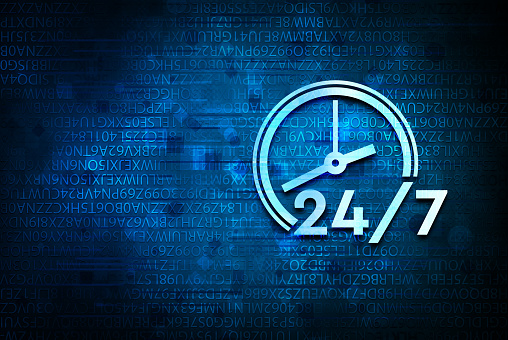 24/7 clock icon isolated on abstract blue background illustration design