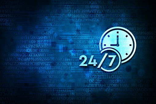 24/7 clock icon isolated on abstract blue background illustration design