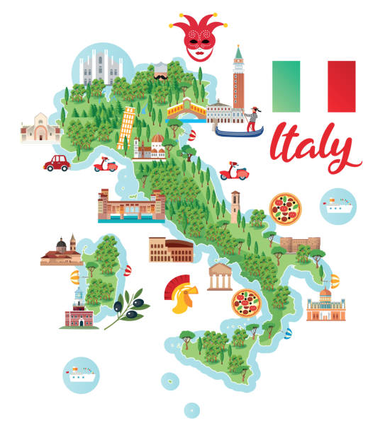 ilustraciones, imágenes clip art, dibujos animados e iconos de stock de mapa de dibujos animados de italia - italian culture rome europe cartoon