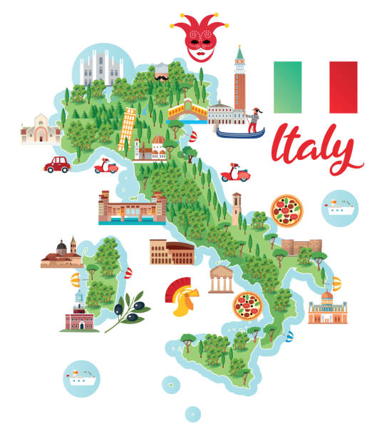 illustrazioni stock, clip art, cartoni animati e icone di tendenza di mappa dei cartoni animati in italia - fiorentina bologna