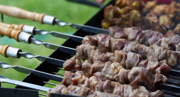 istock Barbecue shashlik kebab with winglets in chargrill semifinished on skewer side view closeup 1160791765